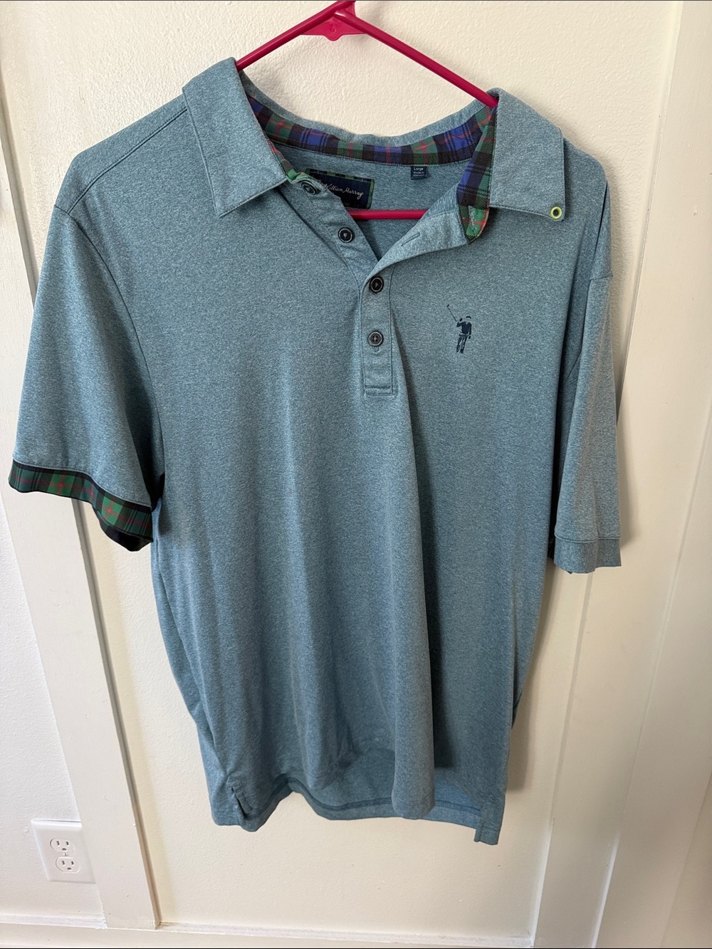 William Murray Golf Heather Teal Polo with Plaid Trim